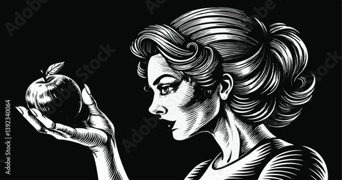 A stunning silhouette of a Black beauty portrait of a lady holding an apple, exuding elegance and glamour. Her glowing skin and confident expression highlight timeless beauty.
