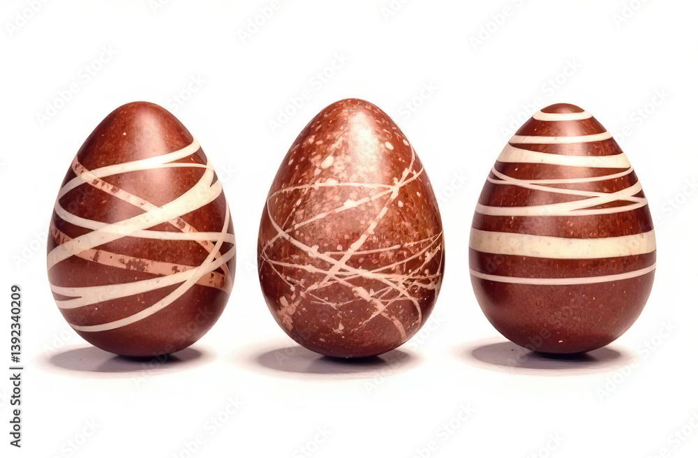 Three Chocolate eggs with various chocolate patterns on a white background. Easter egg. Three Chocolate eggs with various chocolate patterns on a white background. Easter egg.