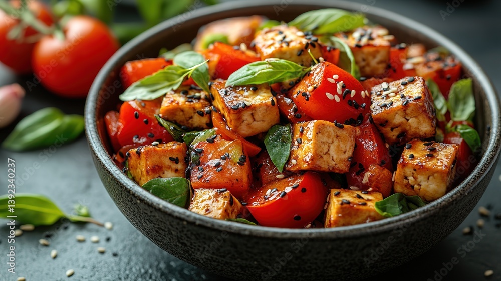 Exquisite tofu tomato basil salad with sesame seeds in a black bowl Exquisite tofu tomato basil salad with sesame seeds in a black bowl