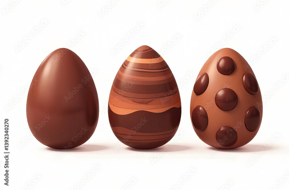 Three Chocolate eggs with various chocolate patterns on a white background. Easter egg. Three Chocolate eggs with various chocolate patterns on a white background. Easter egg.