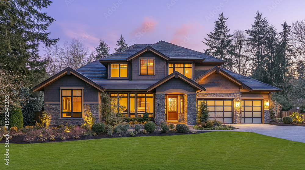 Contemporary home with bright interiors shining at twilight Contemporary home with bright interiors shining at twilight