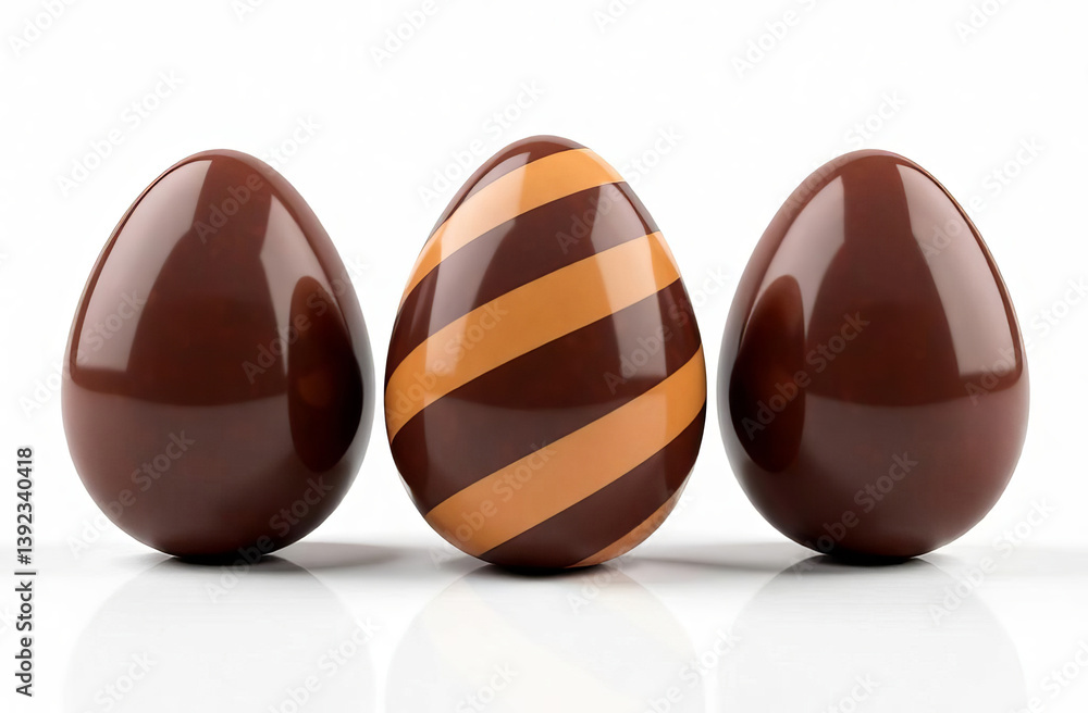 Three Chocolate eggs with various chocolate patterns on a white background. Easter egg. Three Chocolate eggs with various chocolate patterns on a white background. Easter egg.