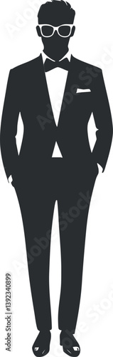 Silhouette of a man in a tuxedo with sunglasses and bowtie, showcasing elegant fashion.