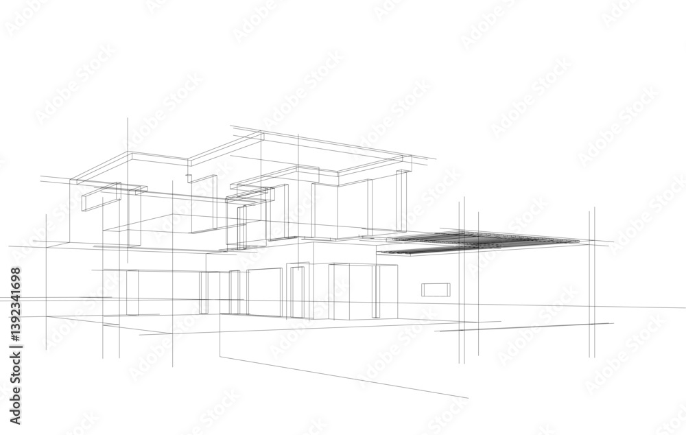 Fototapeta premium Futuristic Architectural Wireframe. Abstract Modern Building Design in Digital Sketch Style