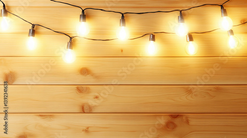 Warm glowing string lights on frosted pine garland against rustic wood wall, perfect for winter holidays, cozy Christmas themes, seasonal backgrounds, greeting cards, or festive design templates

