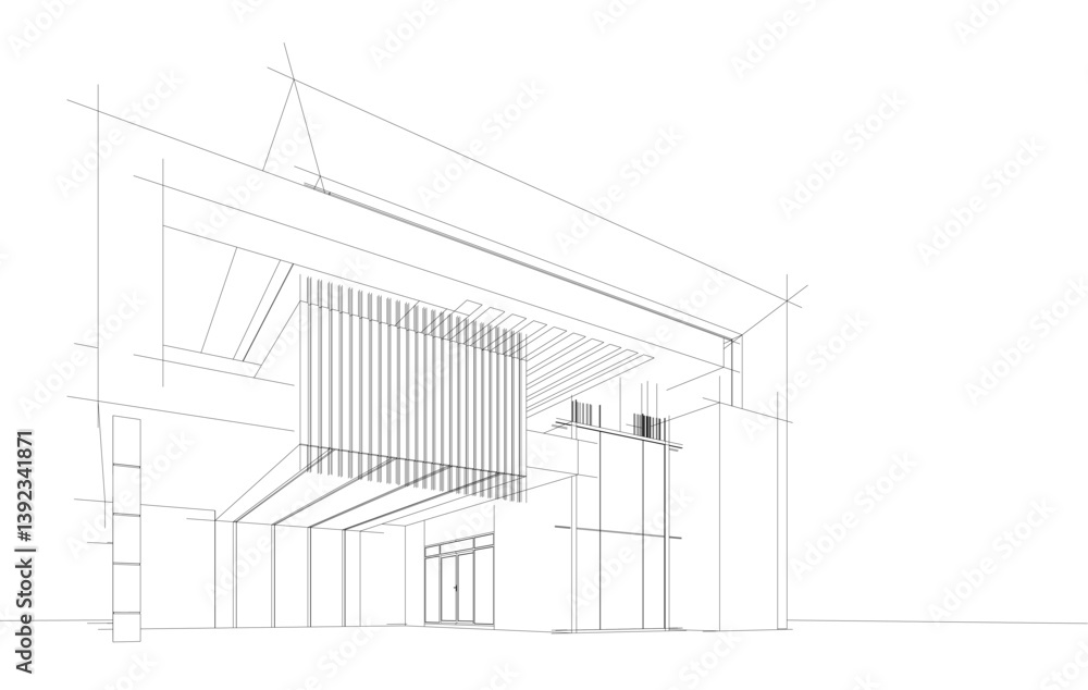 Futuristic Architectural Wireframe. Abstract Modern Building Design in Digital Sketch Style Futuristic Architectural Wireframe. Abstract Modern Building Design in Digital Sketch Style