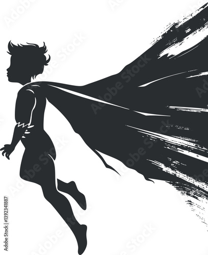 Silhouette of a child superhero flying with a cape, captured in dynamic motion.