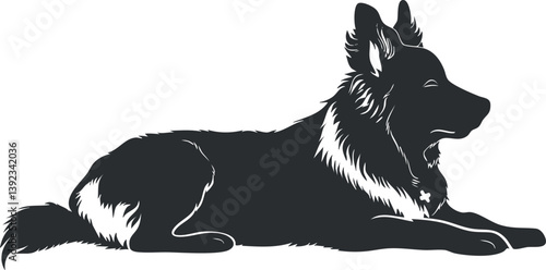 Black and white silhouette illustration of a German Shepherd dog laying down.