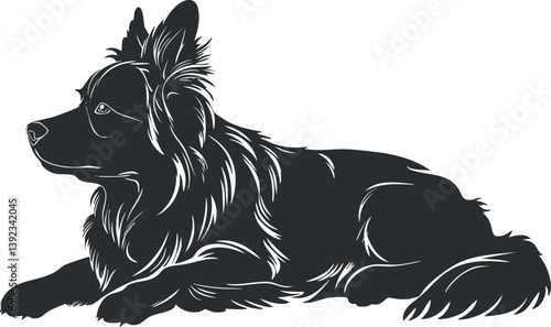Silhouette illustration of a resting dog with detailed fur and distinctive ears in black and white.