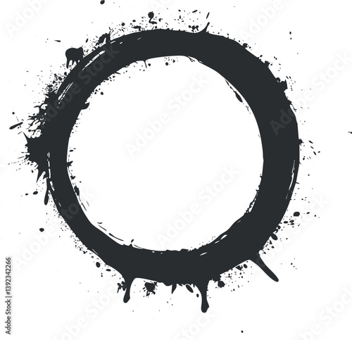 Zen enso circle with brushstroke and ink splash symbolizing harmony and balance in minimalism.