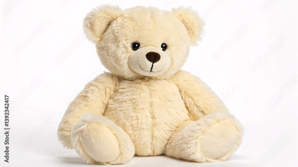 Fototapeta premium Beige fluffy teddy bear sitting against white backdrop. Created with Ai