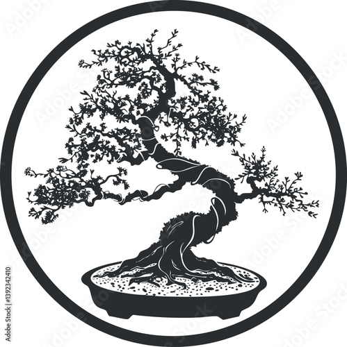 Silhouette of a bonsai tree in a circular frame, showcasing intricate branches and roots.