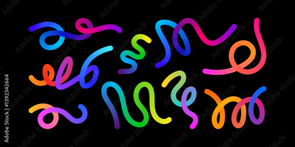 Fototapeta premium Color Gradient Lines and Abstract 3D Shapes Wavy Rainbow Ribbons and Spiral Geometric Elements