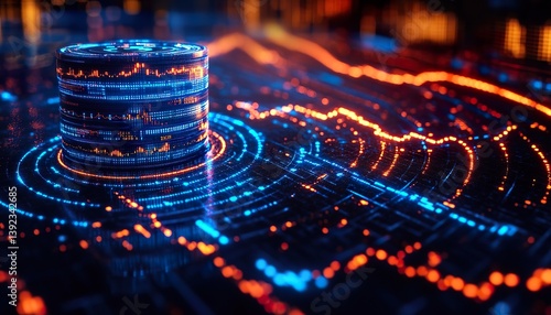 A futuristic coin stack interconnected with digital stock trend lines, glowing in neon blue and gold, symbolizing maximum profit margins in finance.