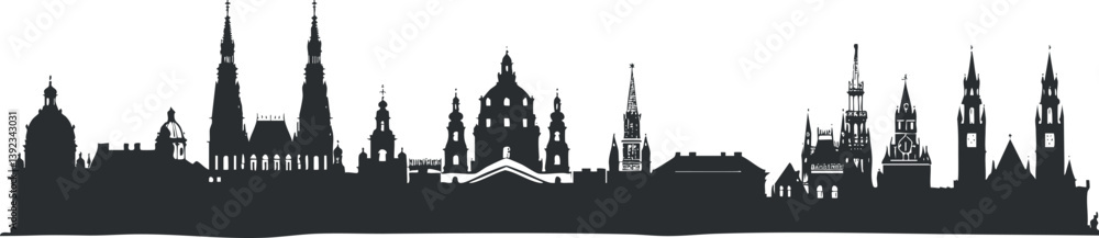 Black and white silhouette of a historic city skyline with iconic architectural landmarks. Black and white silhouette of a historic city skyline with iconic architectural landmarks.