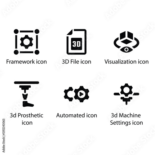 Framework, 3D File, Visualization, 3d Prosthetic, Automated, 3d Machine Settings, Black Icon Set