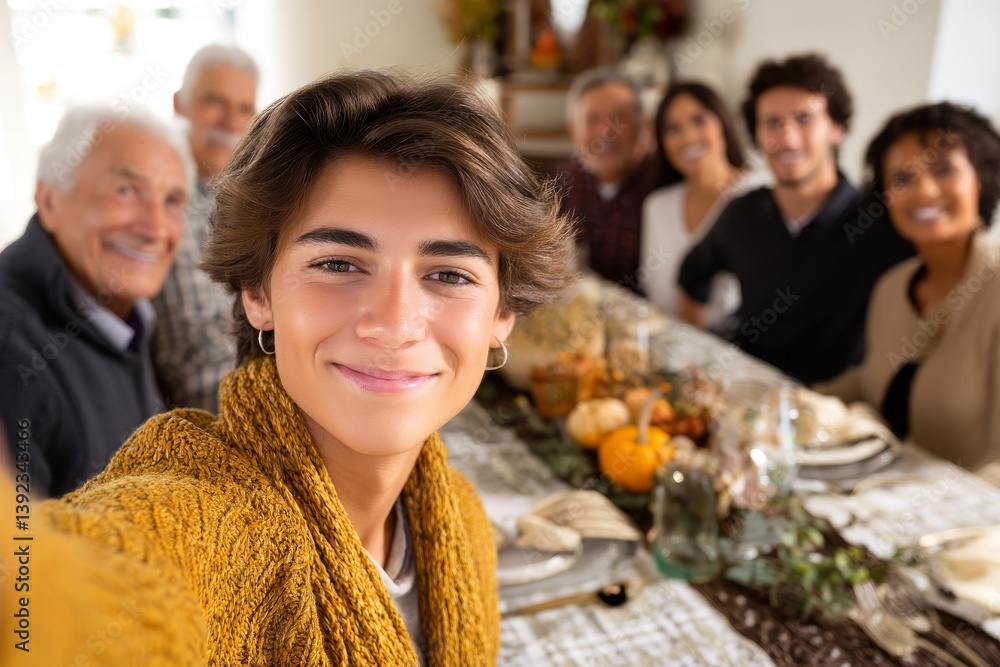 Φωτογραφία A big happy family gathers for a video call to celebrate Thanksgiving Day, an au