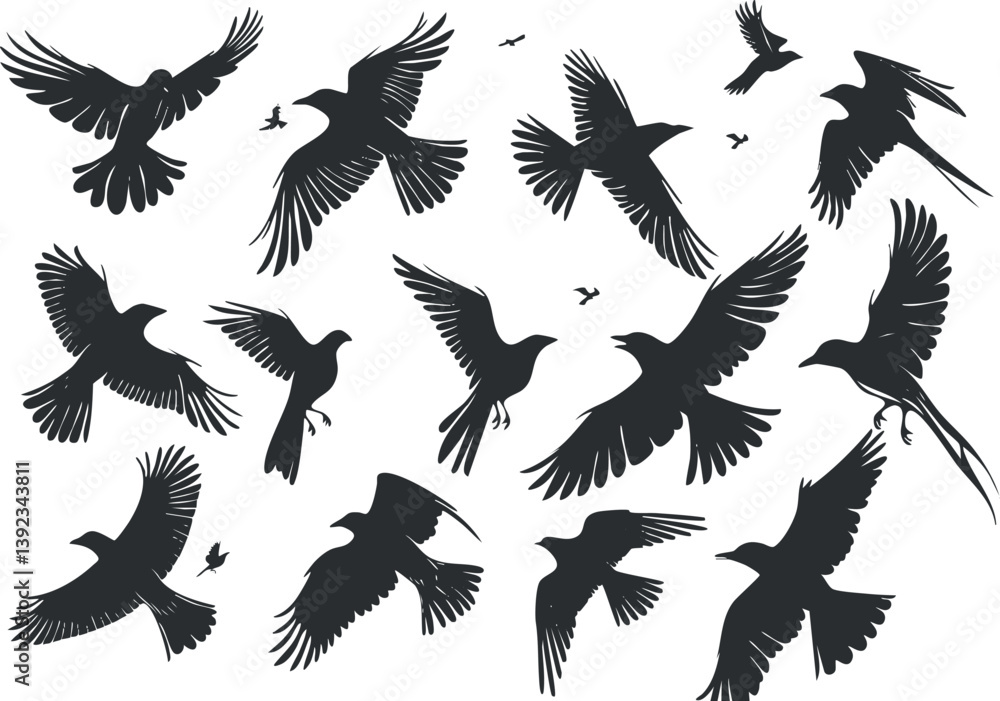 Fototapeta premium Silhouette illustration of various birds in flight, showcasing dynamic poses and natural grace.