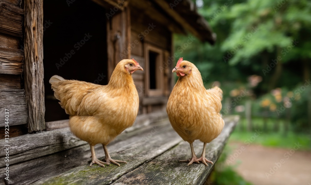 Fototapeta premium Two buff Orpington chickens by a wooden coop on a farm