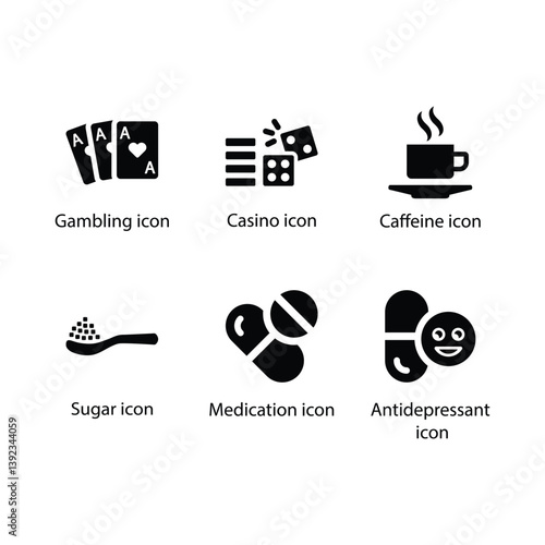 Casino, Caffeine, Sugar, Medication, Antidepressant, Black Icon Set