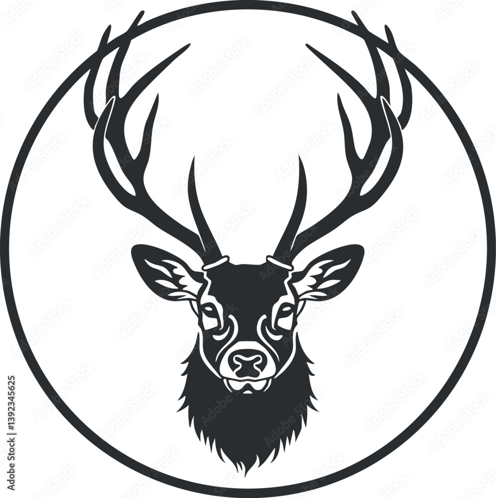 Naklejka premium Black and white silhouette illustration of a stag with antlers inside a circular emblem.