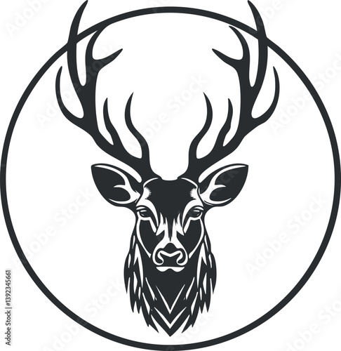 Black and white deer head silhouette with antlers in a circular logo design.