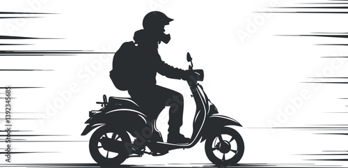 Silhouette of a person riding a scooter at high speed, capturing motion and urban travel.