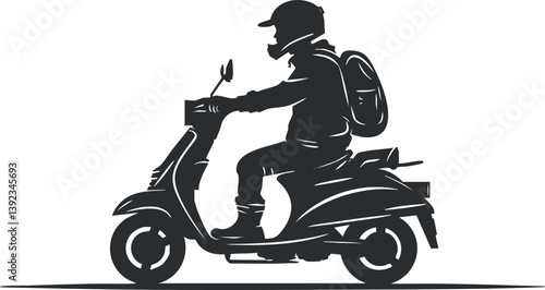 Silhouette of a person on a scooter wearing a helmet and backpack, depicted in monochrome.
