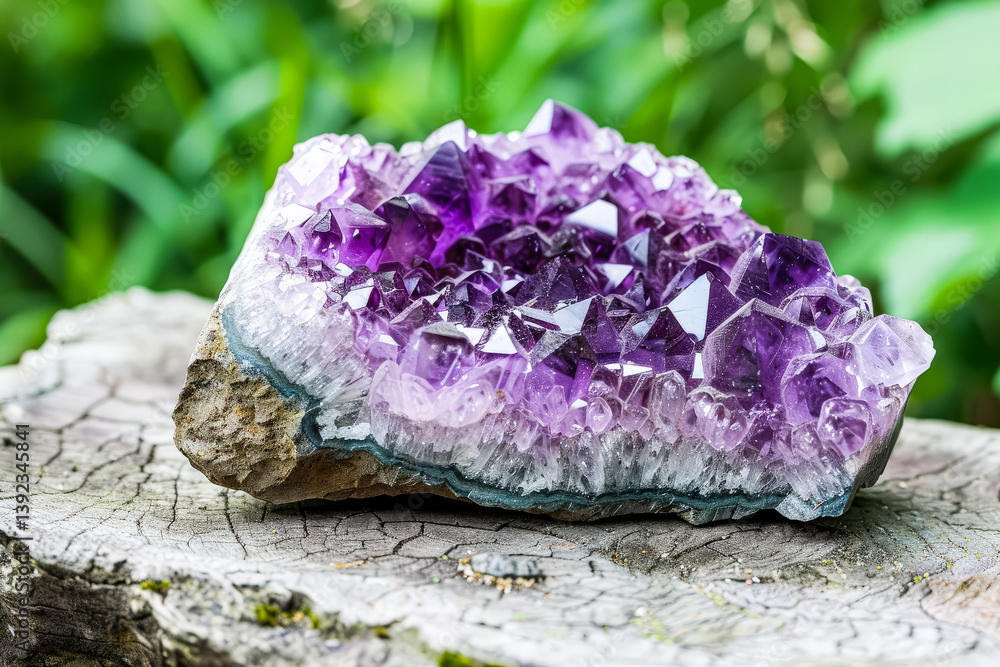 Fototapeta premium Large purple crystal sits on a wooden surface