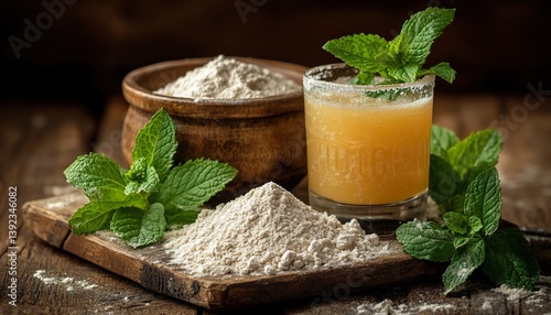 A rustic setup of sattu flour, a glass of prepared drink, and fresh mint leaves on a wooden background.