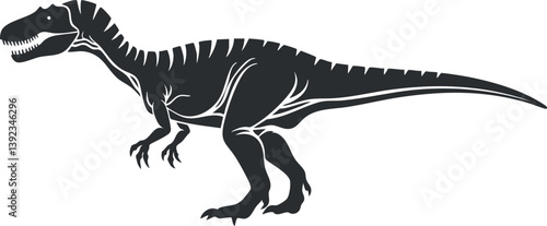 Silhouette of a ferocious dinosaur with sharp teeth and a long tail.