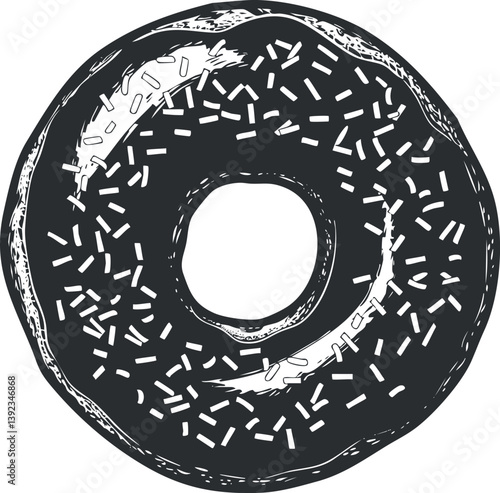 Monochrome illustration of a donut with sprinkles, showcasing a classic and appetizing design.