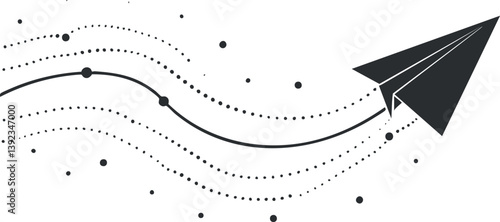 Abstract black and white vector illustration of a paper airplane with dotted flight path.