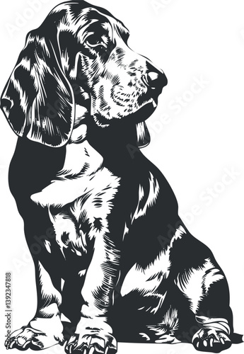 Black and white vector illustration of a cute basset hound puppy sitting with floppy ears.