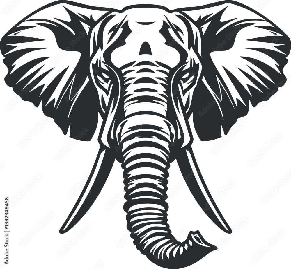 Obraz premium Black and white illustration of an elephant head with detailed ears and trunk design.