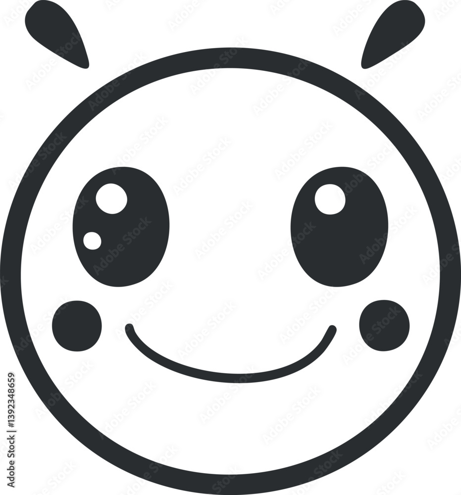 Fototapeta premium Black and white cartoon smiley face emoji with cute expression and antennae-like features.