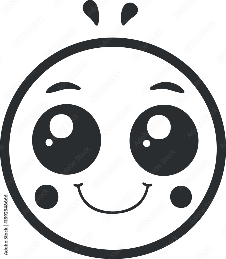 Obraz premium Black and white cartoon emoji with a smiling face and large expressive eyes.