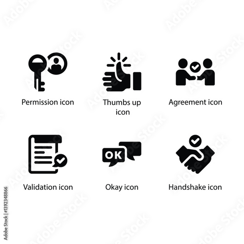 Permission, Thumbs up, Agreement, Validation, Okay, Handshake, Black Icon Set