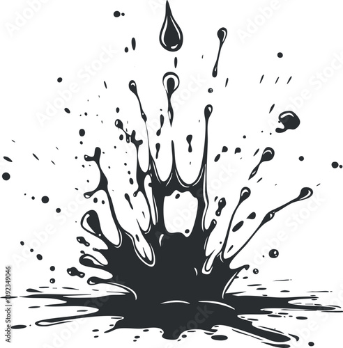 Abstract black ink splash illustration with dynamic droplets and splatter on a white background.