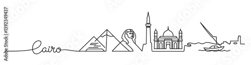 Artistic line drawing features iconic landmarks of Cairo, such as the Pyramids, a Mosque, and the Nile River. This piece captures the essence of Cairo's historical significance and beauty.