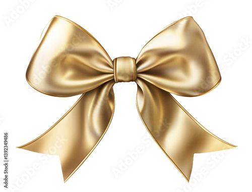  A shimmering gold bow with elegant curves and tails is isolated on a transparent background.