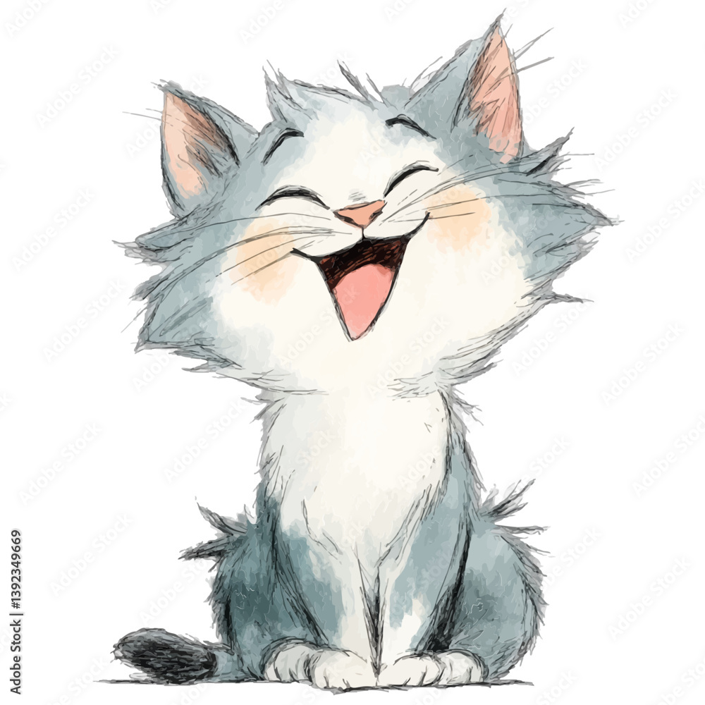 Fototapeta premium Joyful Cat's Delightful Smile: An adorable cartoon cat beams with a contagious smile, radiating happiness and playful charm. Its captivating expressions embody pure joy.