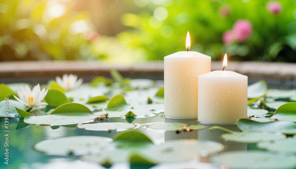 Floating candles on serene pond, peaceful tranquility Floating candles on serene pond, peaceful tranquility