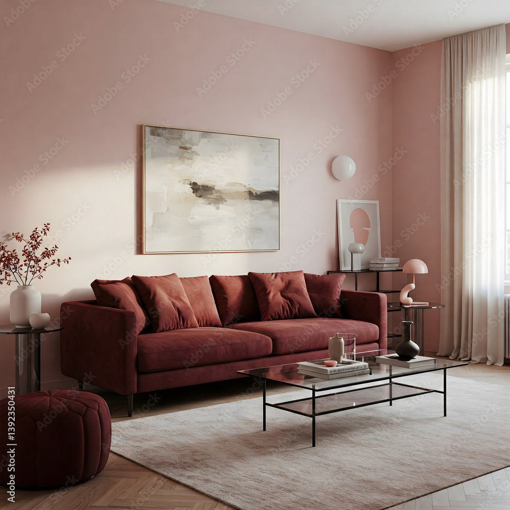 Deep red sofa and ottoman in a room with blush walls, abstract art, glass coffee table, and sheer curtains