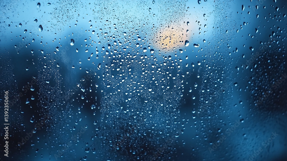 Rain Droplets on Glass Window. Moody Close-Up with Blurred Blue Background in Horizontal View Rain Droplets on Glass Window. Moody Close-Up with Blurred Blue Background in Horizontal View