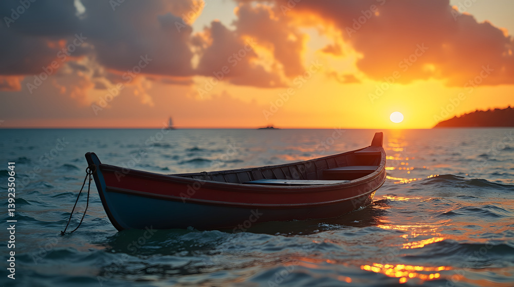 Boat in the sea against the backdrop of a beautiful sunset over the horizon. Boat on the water against the backdrop of the evening sun. Boat in the sea against the backdrop of a beautiful sunset over the horizon. Boat on the water against the backdrop of the evening sun.
