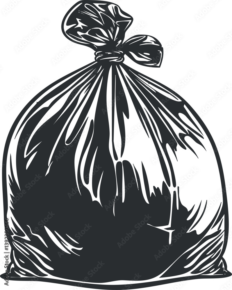 Illustration of a closed black garbage bag, symbolizing waste management and environmental concerns. Illustration of a closed black garbage bag, symbolizing waste management and environmental concerns.