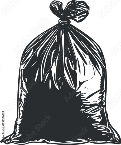 Black plastic garbage bag illustration for waste disposal and recycling concepts.
