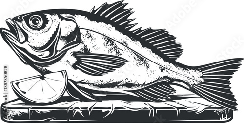 Black and white illustration of a fish with a lemon slice on a cutting board.