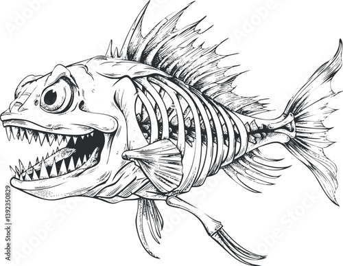 Intricate black and white illustration of a fish skeleton with spiky fins and sharp teeth.